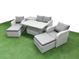 Rackhams 6 Seater PE Rattan Sofa Set with Reclining Chair, Adjustable Coffee/Dining Table, Sofa, 2 Large Footstools, Side Table - Light Grey - thumbnail 3