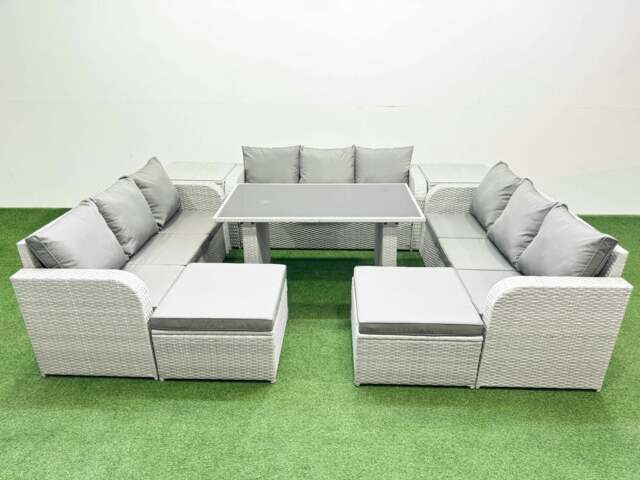 Rackhams Patio Garden Furniture Sets with Black Glass Top Dining Table 3 Seater Sofa 2 Side Tables 2 Big Stool Light Grey - image 1