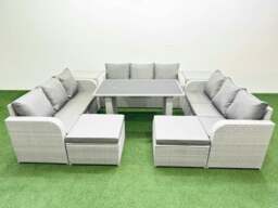 Rackhams Patio Garden Furniture Sets with Black Glass Top Dining Table 3 Seater Sofa 2 Side Tables 2 Big Stool Light Grey - thumbnail 1