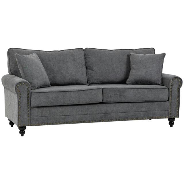 Rackhams 196cm 3 Seater Sofa, Fabric Sofa with Rubber Wood Legs, Nailhead Trim, 2 Pillows, Small Upholstered Couch Settee for Living Room, Guest Room, Grey - image 1