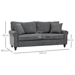 Rackhams 196cm 3 Seater Sofa, Fabric Sofa with Rubber Wood Legs, Nailhead Trim, 2 Pillows, Small Upholstered Couch Settee for Living Room, Guest Room, Grey - thumbnail 3