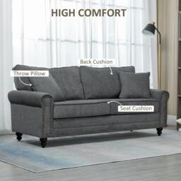 Rackhams 196cm 3 Seater Sofa, Fabric Sofa with Rubber Wood Legs, Nailhead Trim, 2 Pillows, Small Upholstered Couch Settee for Living Room, Guest Room, Grey - thumbnail 4