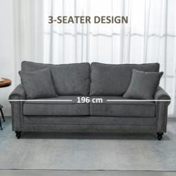 Rackhams 196cm 3 Seater Sofa, Fabric Sofa with Rubber Wood Legs, Nailhead Trim, 2 Pillows, Small Upholstered Couch Settee for Living Room, Guest Room, Grey - thumbnail 6