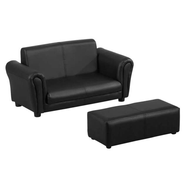Rackhams Kids Sofa Bed Kids Twin Sofa Toddler Chair 2 Seater Kids Twin Sofa Chair Boys Girls Couch w/ Footstool (Black) - image 1