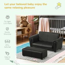 Rackhams Kids Sofa Bed Kids Twin Sofa Toddler Chair 2 Seater Kids Twin Sofa Chair Boys Girls Couch w/ Footstool (Black) - thumbnail 5
