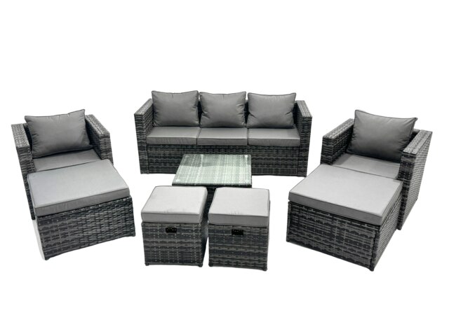 Rackhams Outdoor Rattan Garden Furniture Set 9 Seater Patio Lounge Sofa Set with Armchair Square Coffee Table 4 Footstool Dark Grey Mixed - image 1