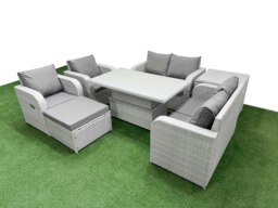 Rackhams 7 Seater Light Grey Rattan Outdoor Reclining Sofa Set - Adjustable Lifting Dining/Coffee Table, Footstool & Side Table - thumbnail 1