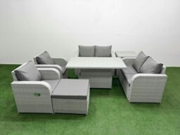 Rackhams 7 Seater Light Grey Rattan Outdoor Reclining Sofa Set - Adjustable Lifting Dining/Coffee Table, Footstool & Side Table - thumbnail 2