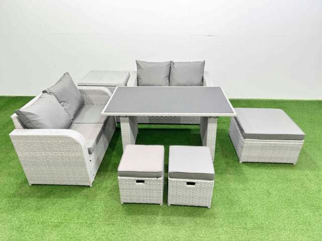 Rackhams 7 Pieces Outdoor PE Rattan Sofa Set Patio Garden Furniture Sets with Cushions Side Table 3 Stools Light Grey - image 1