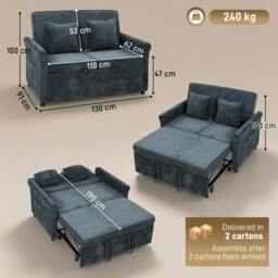 Rackhams 2 Seater Sofa Bed, 3-in-1 Convertible Pull Out Sofa Bed, Dark Blue - thumbnail 3