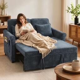Rackhams 2 Seater Sofa Bed, 3-in-1 Convertible Pull Out Sofa Bed, Dark Blue