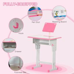 Rackhams Kids Adjustable Desk and Chair Set, Book Stand, Pen Slot - Pink - thumbnail 5