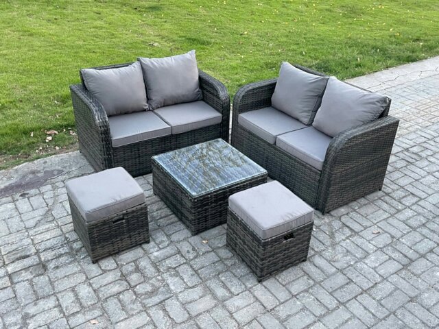 Rackhams Rattan Sofa Set Outdoor Garden Furniture Set with Square Coffee Table Loveseat Sofa 2 Small Footstool Dark Grey Mixed - image 1