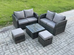 Rackhams Rattan Sofa Set Outdoor Garden Furniture Set with Square Coffee Table Loveseat Sofa 2 Small Footstool Dark Grey Mixed - thumbnail 1