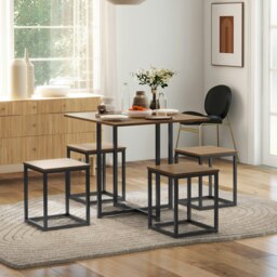 Rackhams 5 PCS Industrial Boxy Table & Stool Set Metal Frame Cool Dining Seating