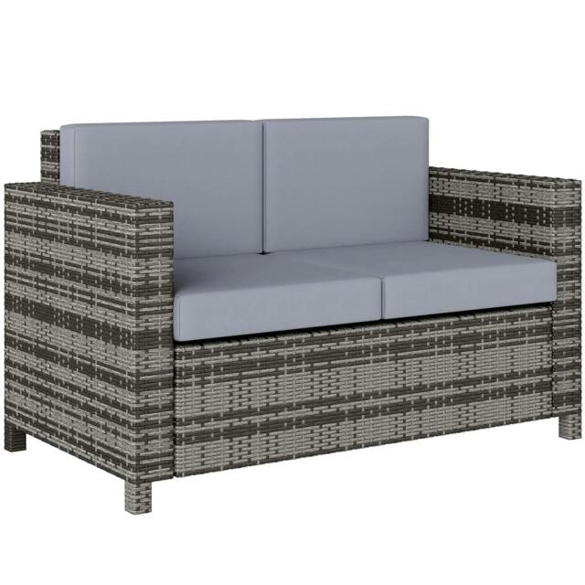Rackhams Rattan Sofa, 2 Seater Garden Furniture with Soft Padded Cushion and Armrests, Wicker Garden Loveseat for Patio, Mixed Grey