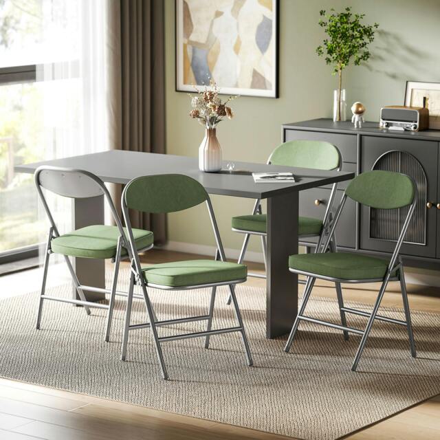 Rackhams Folding Chairs Set of 4 with Cushioned Seat, Steel Frame, Green - Green - 4 - Corduroy, Steel, Sponge - image 1