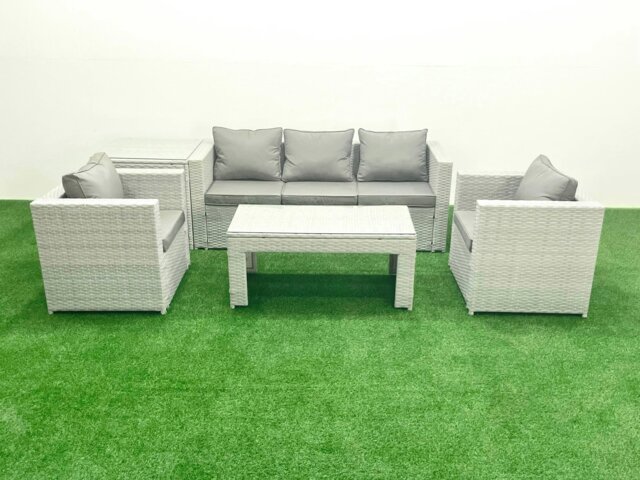 Rackhams Rattan Garden Furniture Set 5 Pieces Outdoor Garden Sofa Oblong Coffee Table Set with 2 Chairs Side Tabe Light Grey Mixed - image 1