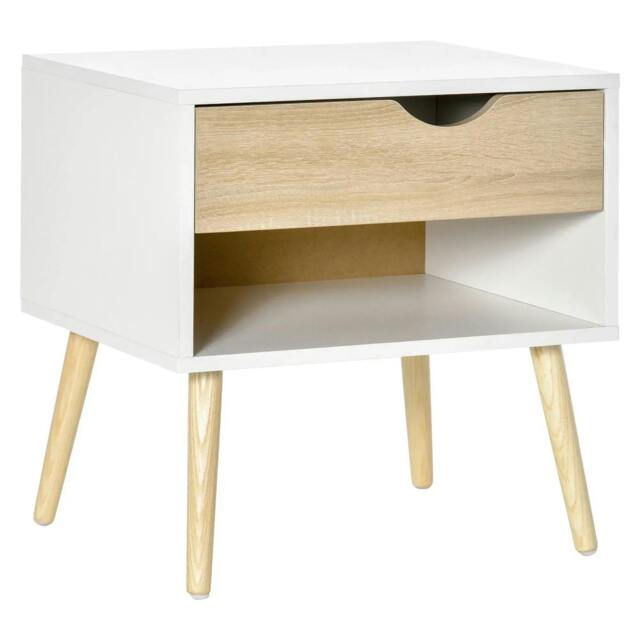 Rackhams Bedside Table with Drawer and Shelf, Modern Nightstand, End Table for Bedroom, Living Room, White - White - image 1