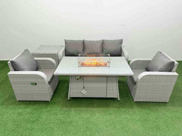 Rackhams PE Rattan Garden Furniture Set Reclining Chair Sofa Lounge Sofa Set Fire Pit Dining Table Side Table Light Grey - image 1