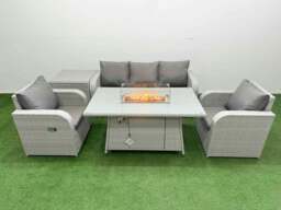 Rackhams PE Rattan Garden Furniture Set Reclining Chair Sofa Lounge Sofa Set Fire Pit Dining Table Side Table Light Grey - thumbnail 1