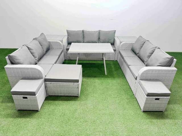 Rackhams 12 Seat Outdoor PE Rattan Garden Furniture with Cushions 3 Seater Sofa 2 Side Tables 3 Stool Light Grey - image 1