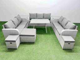 Rackhams 12 Seat Outdoor PE Rattan Garden Furniture with Cushions 3 Seater Sofa 2 Side Tables 3 Stool Light Grey