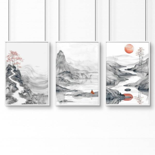 Rackhams Modern Living Room Art - Set of 3 Asian Inspired Wall art Prints - A4 8.27 x 11.69 in / 21 x 29.7 cm - Satin Photo paper 280 gsm - White Frame - image 1