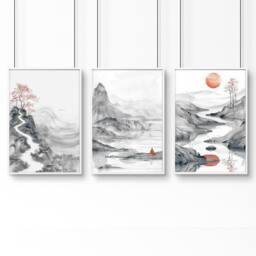 Rackhams Modern Living Room Art - Set of 3 Asian Inspired Wall art Prints - A4 8.27 x 11.69 in / 21 x 29.7 cm - Satin Photo paper 280 gsm - White Frame - thumbnail 1