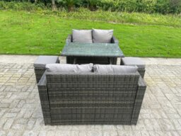Rackhams Rattan Garden Furniture Set 2 Seater Curved Arm Double Love Sofa Sofa Oblong Dining Table - thumbnail 3