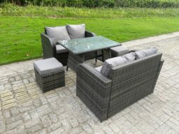 Rackhams Rattan Garden Furniture Set 2 Seater Curved Arm Double Love Sofa Sofa Oblong Dining Table - thumbnail 1