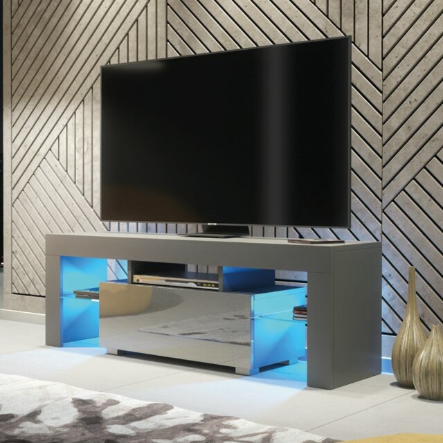 Rackhams 130cm TV Unit Cabinet Stand with Grey High Gloss Doors and Free LED Lights - 130 cm - Dark Grey Matt Body & Dark Grey Gloss Doors - Tv Unit - image 1