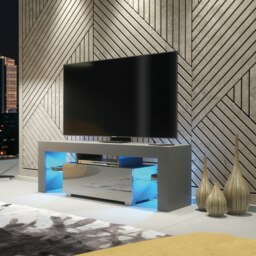 Rackhams 130cm TV Unit Cabinet Stand with Grey High Gloss Doors and Free LED Lights - 130 cm - Dark Grey Matt Body & Dark Grey Gloss Doors - Tv Unit - thumbnail 2