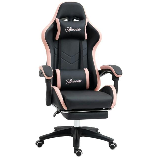 Rackhams Computer Gaming Chair, PU Leather Office Desk Chair with Footrest, Swivel Wheels, 135° Reclining Back, Lumbar Support, Headrest, Black and Pink