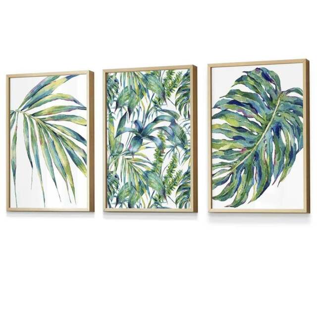 Rackhams Blue Green Botanical Set of 3 Framed Wall Art Prints - 42x59cm (A2) - Light Oak - image 1