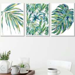 Rackhams Blue Green Botanical Set of 3 Framed Wall Art Prints - 42x59cm (A2) - Light Oak - thumbnail 2