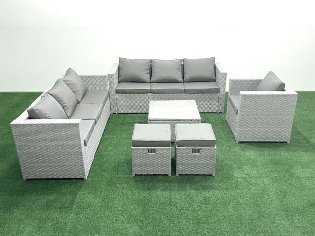 Rackhams Wicker PE Rattan Sofa Garden Furniture Set with Armchair Square Coffee Table 2 Small Footstools Light Grey Mixed - image 1