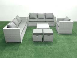 Rackhams Wicker PE Rattan Sofa Garden Furniture Set with Armchair Square Coffee Table 2 Small Footstools Light Grey Mixed - thumbnail 2