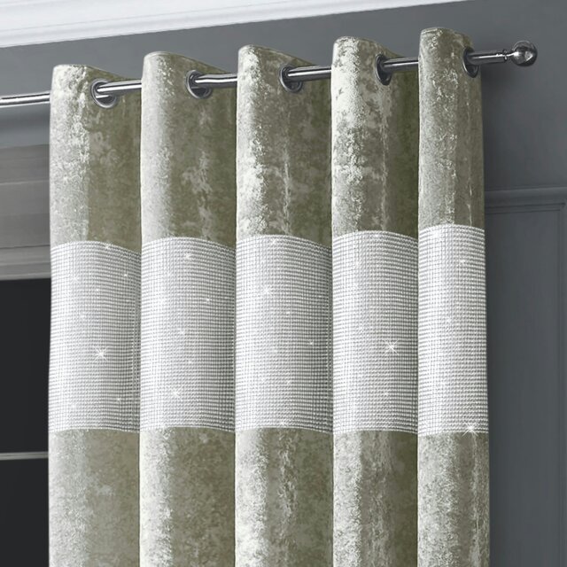 Rackhams Diamante Crushed Velvet Ready Made Eyelet Curtains - 168cm x 183cm - Natural - image 1