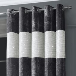 Rackhams Diamante Crushed Velvet Ready Made Eyelet Curtains - 168cm x 183cm - Natural - thumbnail 2