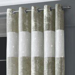 Rackhams Diamante Crushed Velvet Ready Made Eyelet Curtains - 168cm x 183cm - Natural - thumbnail 1