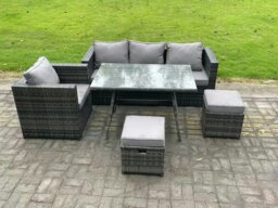 Rackhams PE Rattan Outdoor Furniture Garden Dining Set with Oblong Dining Table Armchair 2 Small Footstools Dark Grey Mixed - thumbnail 2