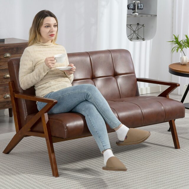 Rackhams Compact Small Sofa with Solid Wood Frame, Vintage 2 Seater Sofa Brown - Brown - 1 - Loveseat - image 1