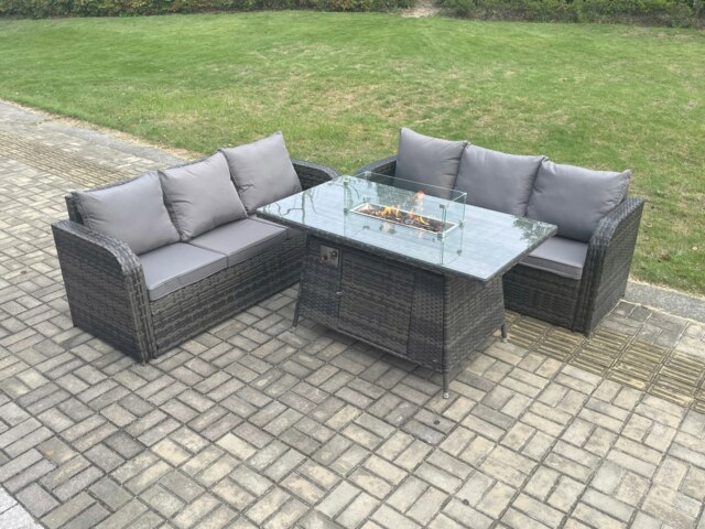 Rackhams Rattan Garden Furniture Set with Fire Pit Table 3 Pieces Outdoor Lounge Sofa Set Dark Grey Mixed - image 1
