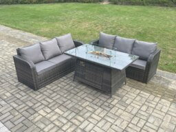 Rackhams Rattan Garden Furniture Set with Fire Pit Table 3 Pieces Outdoor Lounge Sofa Set Dark Grey Mixed - thumbnail 1
