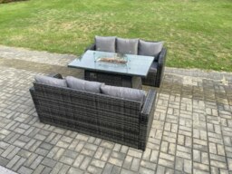 Rackhams Rattan Garden Furniture Set with Fire Pit Table 3 Pieces Outdoor Lounge Sofa Set Dark Grey Mixed - thumbnail 2