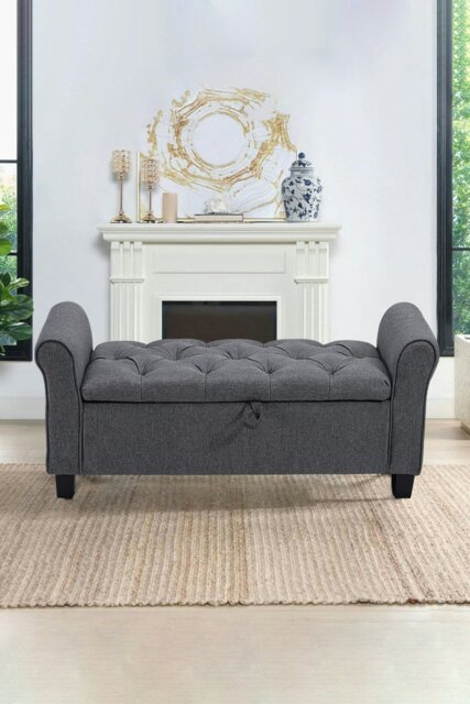 Rackhams Linen Splayed Armrest Storage Ottoman Bench Chaise - Grey - image 1