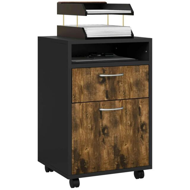 Rackhams 60cm Filing Cabinet with Drawer, Open Shelf, Metal Handles and 4 Wheels, Office Home Organiser Mobile Printer, Rustic Brown