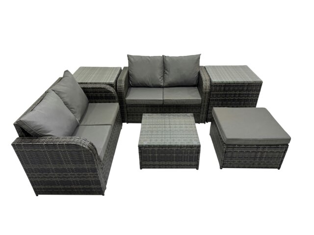 Rackhams Rattan Garden Outdoor Furniture Set Love Sofa Square Coffee Table Set with 2 Side Table Big Stool Dark Grey Mixed - image 1