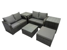Rackhams Rattan Garden Outdoor Furniture Set Love Sofa Square Coffee Table Set with 2 Side Table Big Stool Dark Grey Mixed - thumbnail 2